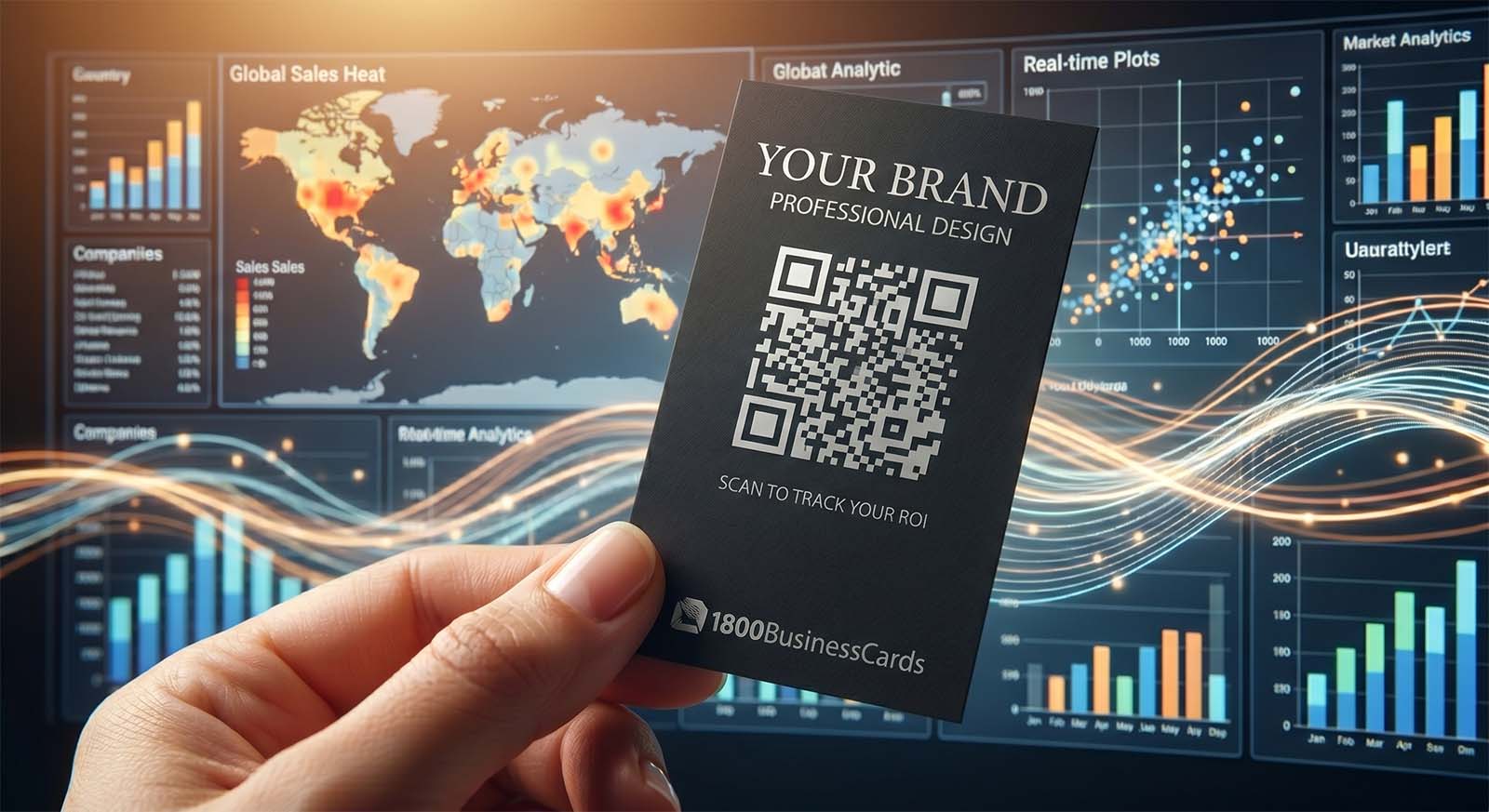 Digital analytics dashboard connecting physical business cards to website traffic data