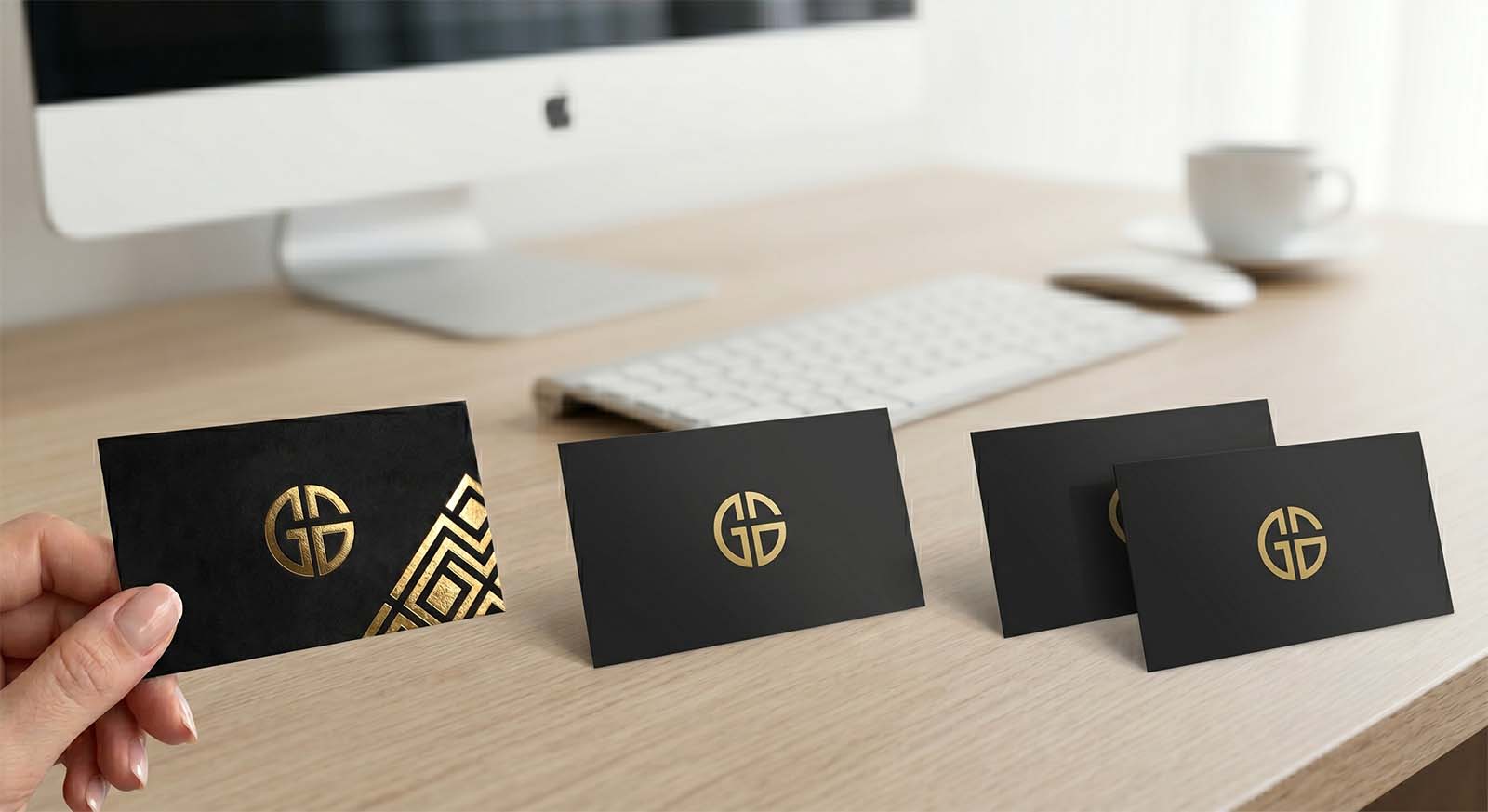 Close up view of reflective raised gold foil stamping on a matte black cardstock.
