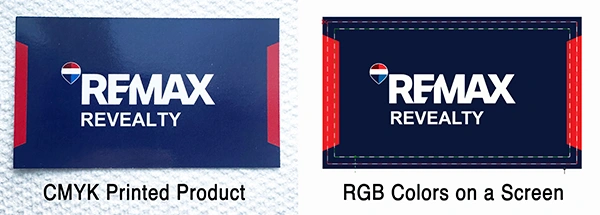 CMYK vs RGB comparision of the same business card, on a screen and printed