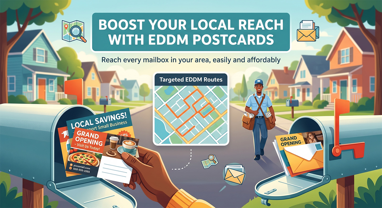 Concepts showing a direct mail postcard overlapping a smartphone with a targeted map perimeter