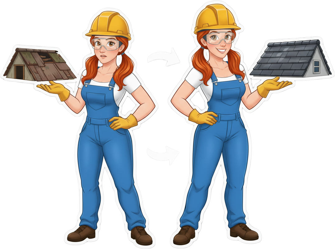 Rudy the Roofer Sticker showing before and after roof replament