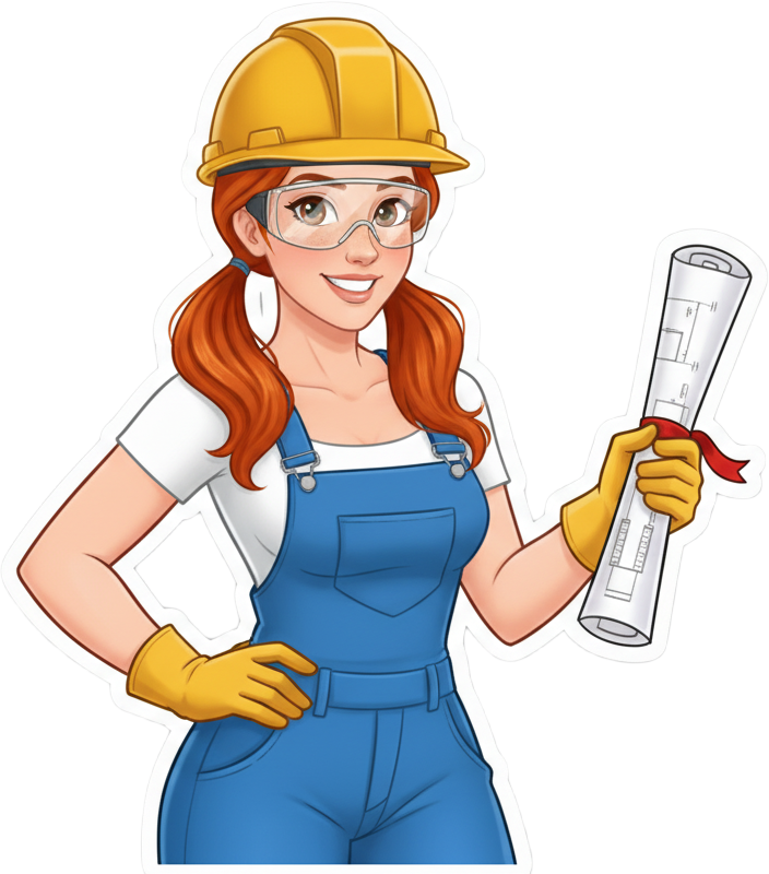 A Sticker of Rudy the Roofer Sticker with blueprints