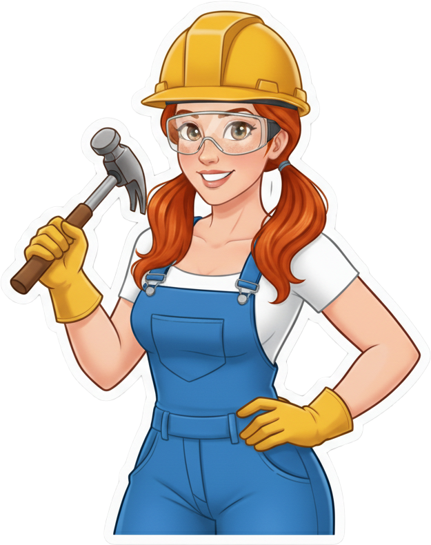 Rudy the Roofer Sticker where she is holding a hammer