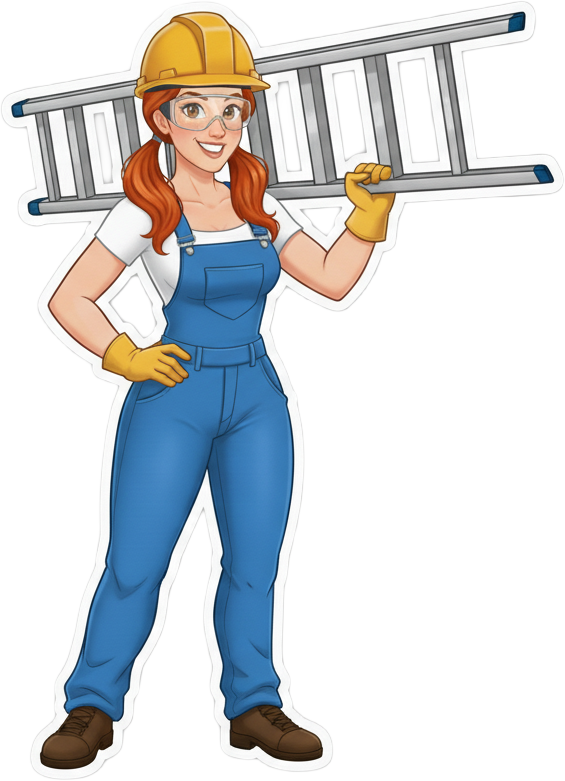 A sticker of Rudy the Roofer holding a ladder