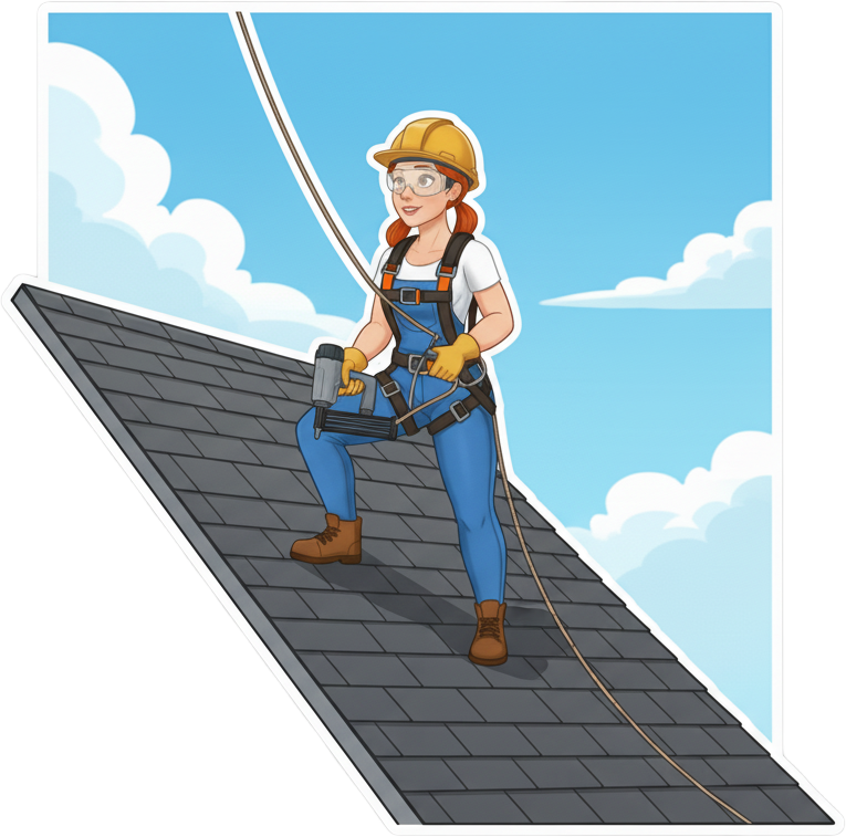 A sticker of Rudy the Roofer on a roof with a hardness