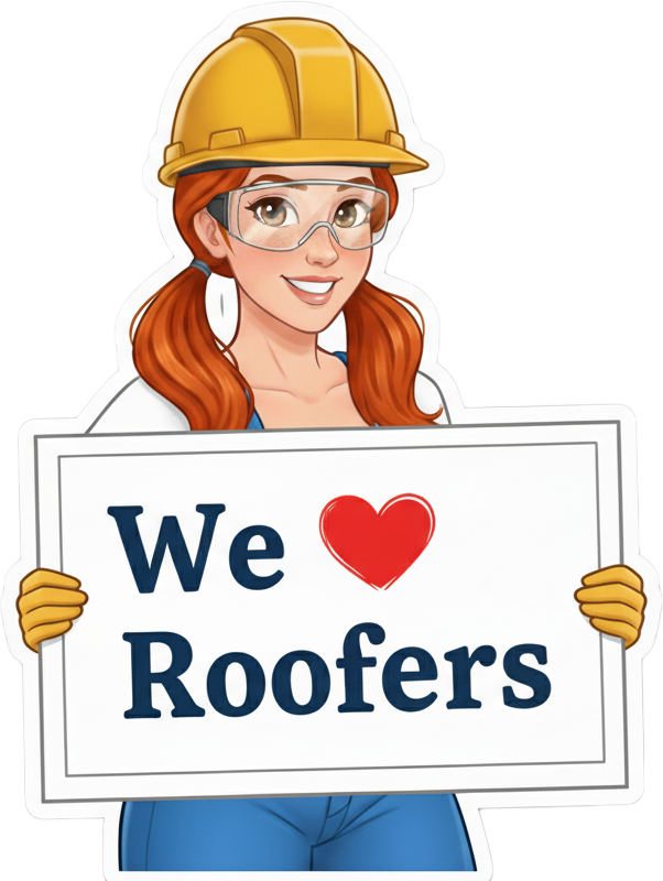 sticker of Rudy holding a sign that says We love Roofers