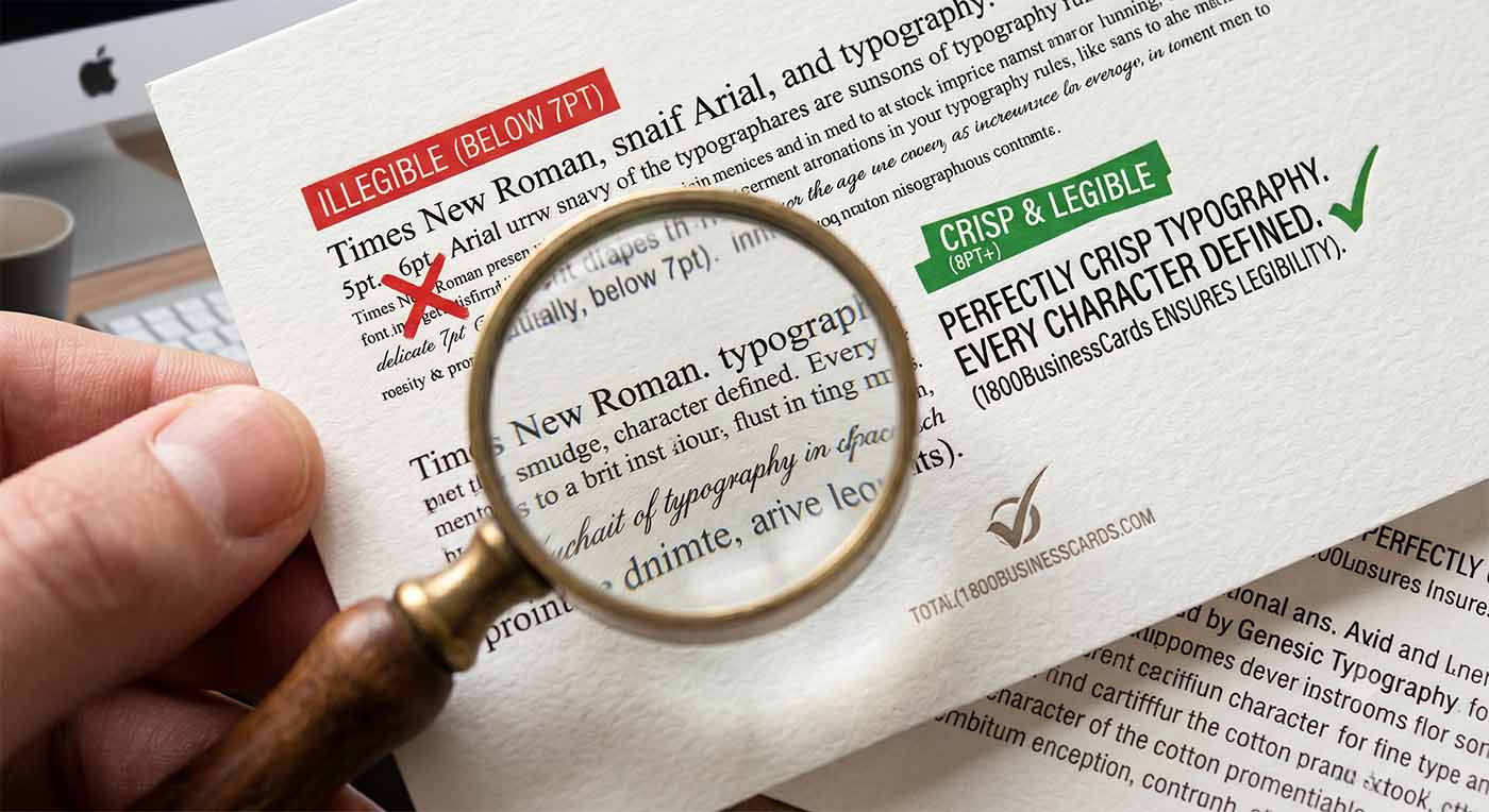 Close up comparison of readable versus unreadable small fonts on a printed business card