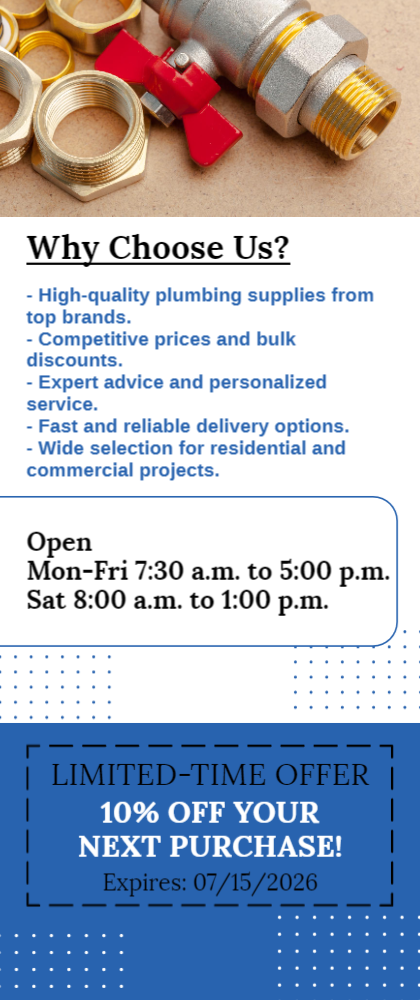 Plumbing Supplies Rack Card 1 3.5x8.5